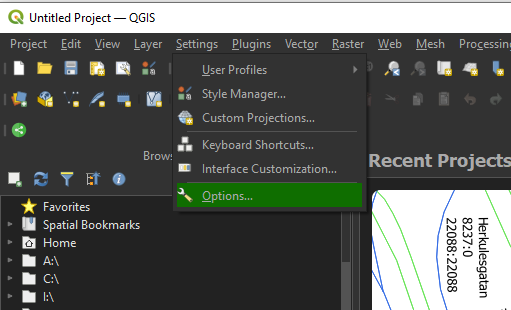 QGIS menu Settings/Options