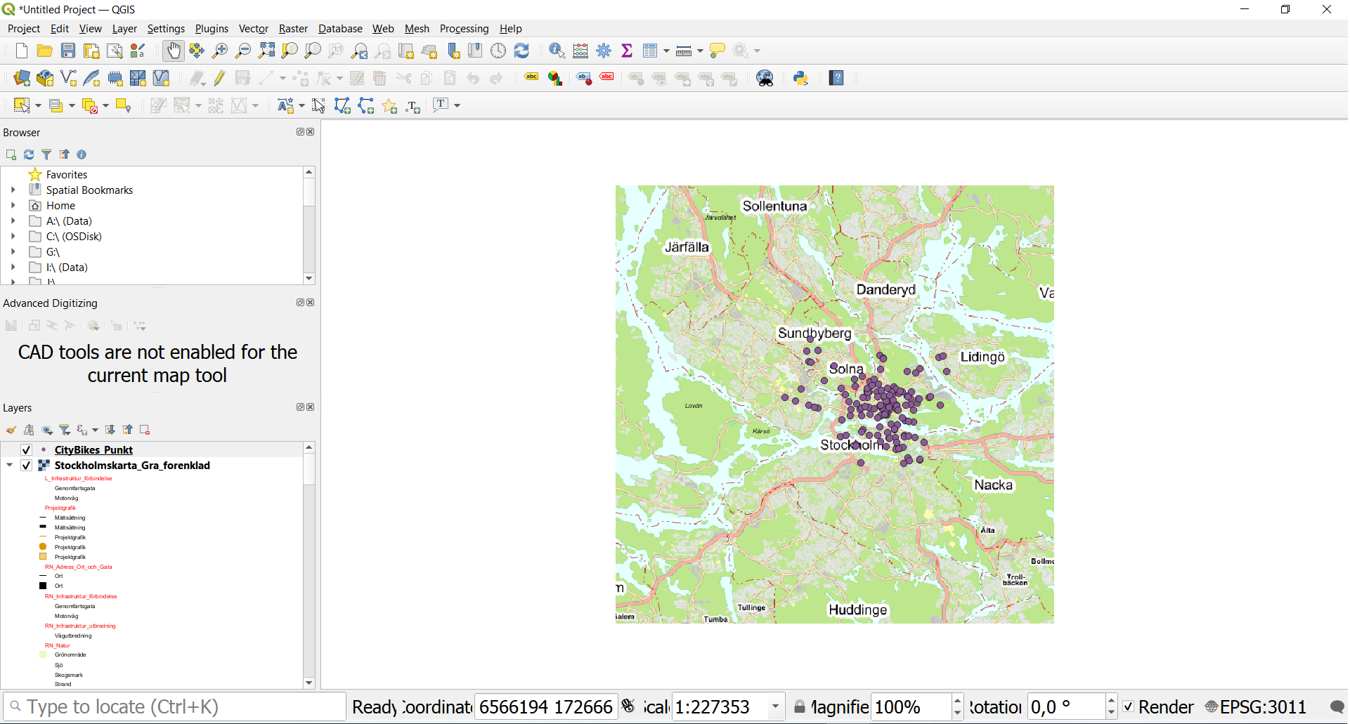 Map with City bikes in QGIS