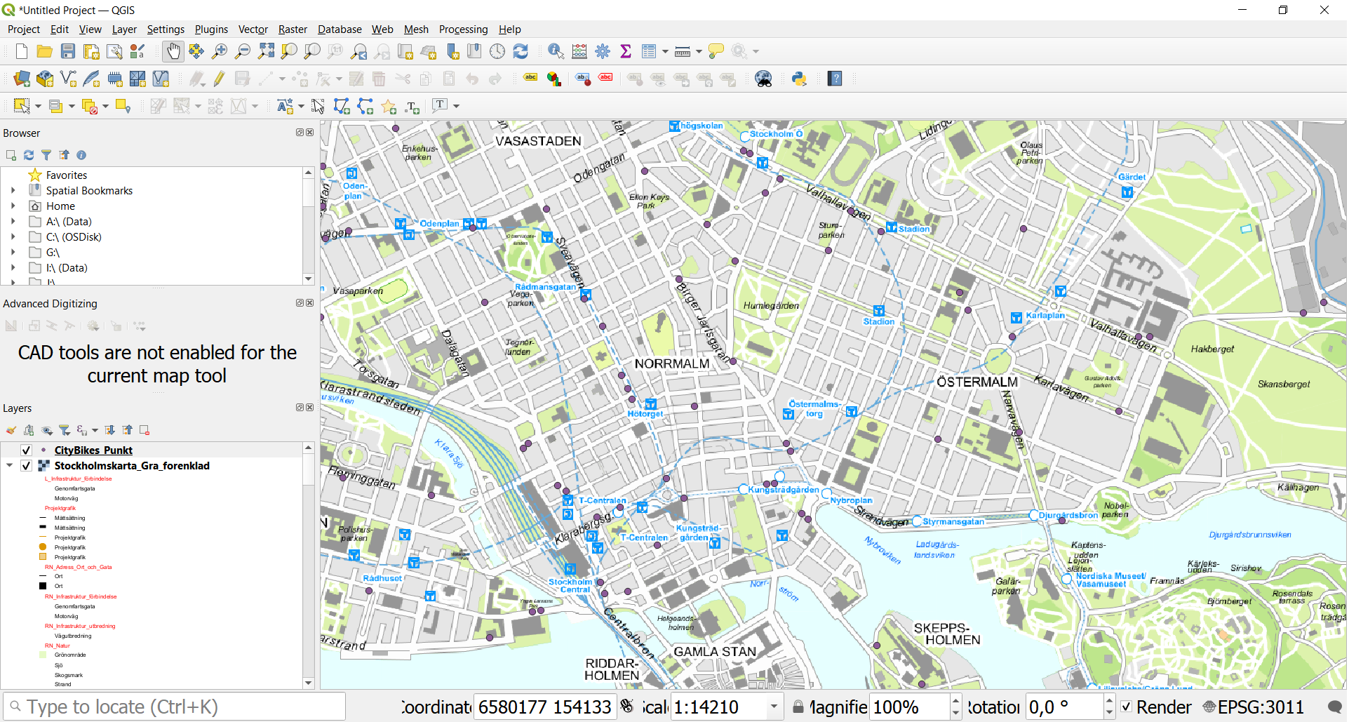 Zoomed in map with City bikes in QGIS