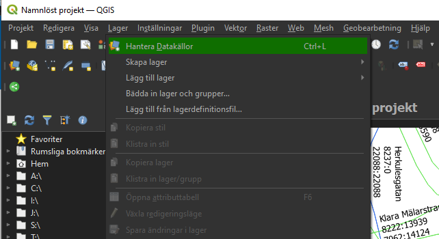 QGIS meny Hanter Datakällor