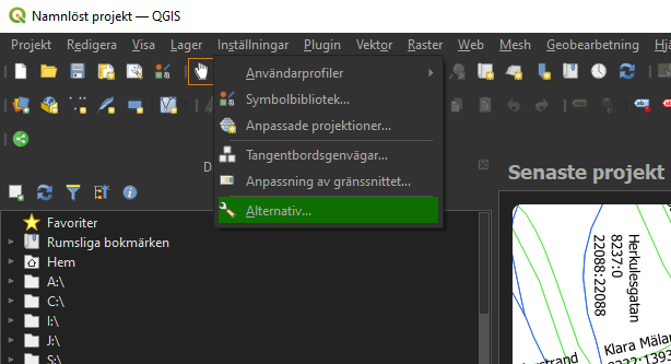 QGIS meny Inställningar/Alternativ