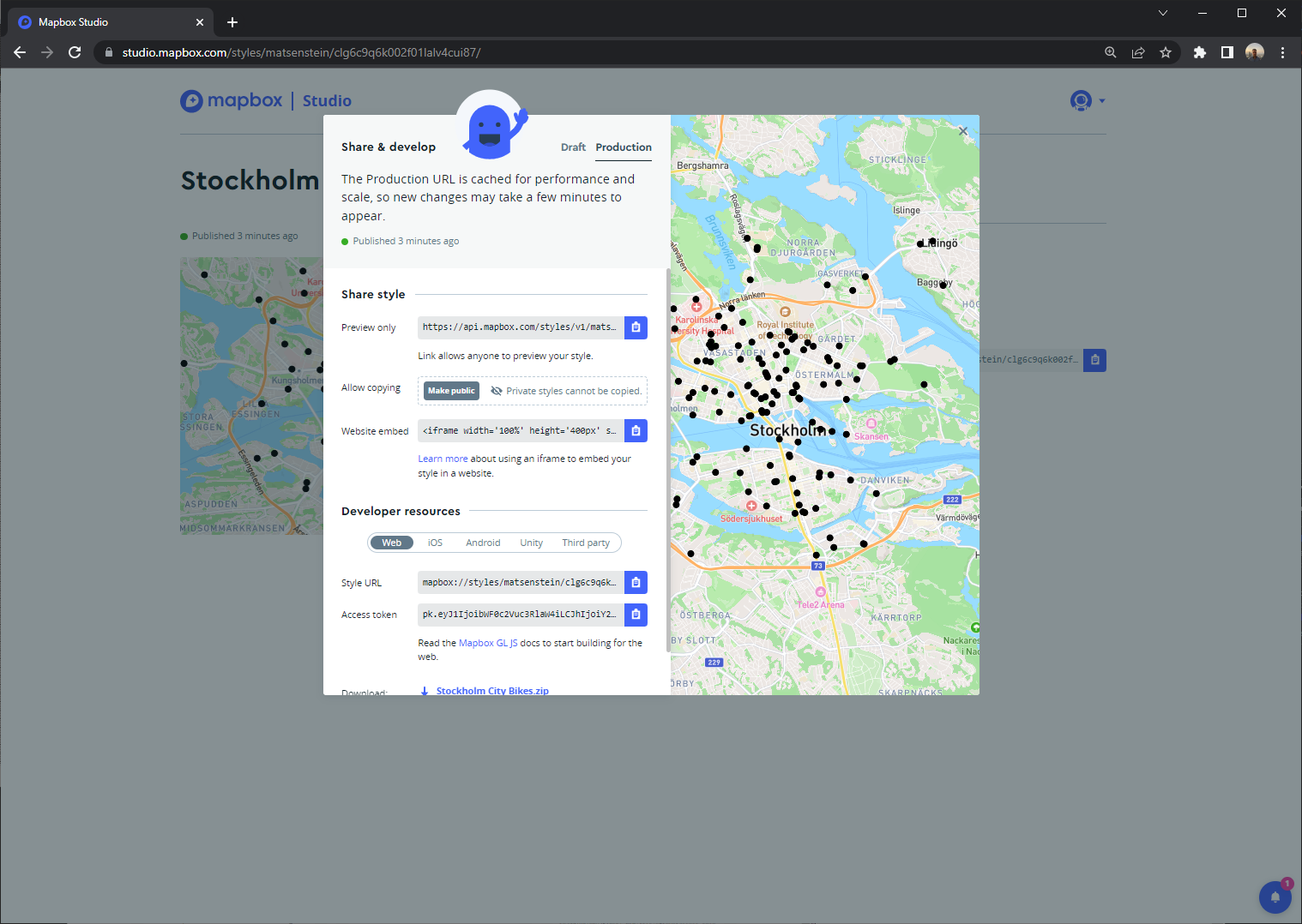 Options to share and integrate the map